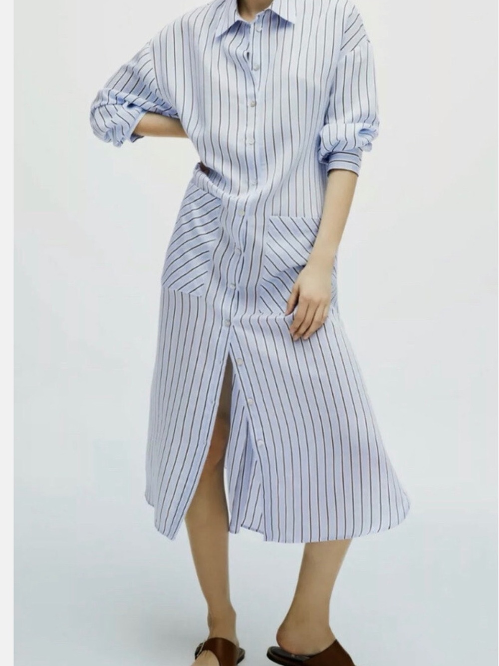 ZARA BLUE LONG STRIPED MIDI OVERSIZED SHIRT DRESS SIZE Medium